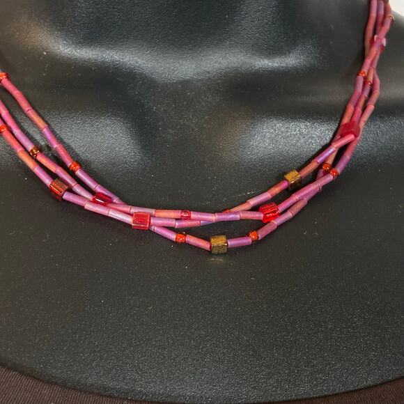 Multistrand Red Beaded Necklace Glass Toggle Clasp 3 Strand 18" Magenta Bugle - Picture 2 of 5